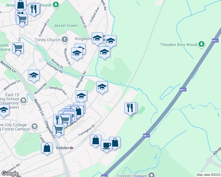 map of restaurants, bars, coffee shops, grocery stores, and more near 35 Austen Close in Essex