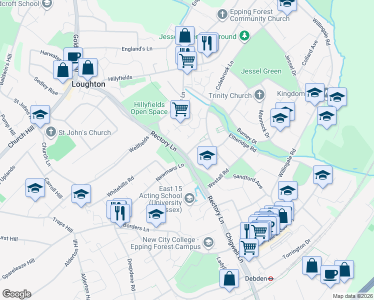 map of restaurants, bars, coffee shops, grocery stores, and more near 58 Lawton Road in Essex
