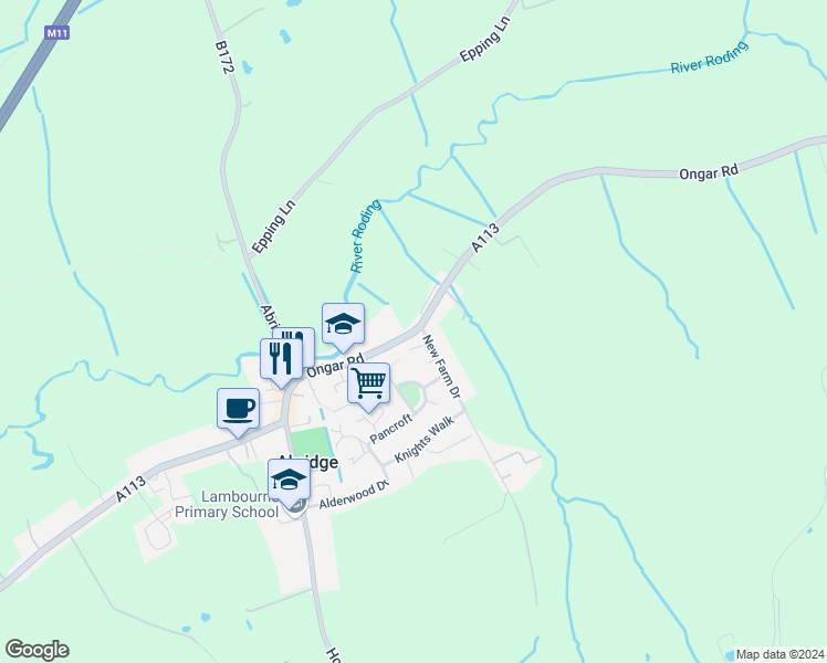 map of restaurants, bars, coffee shops, grocery stores, and more near 29 Ongar Road in Abridge