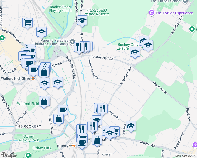 map of restaurants, bars, coffee shops, grocery stores, and more near Bushey Grove Road in Hertfordshire