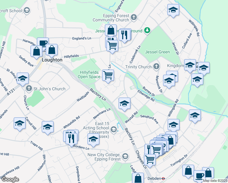 map of restaurants, bars, coffee shops, grocery stores, and more near 58 Lawton Road in Essex