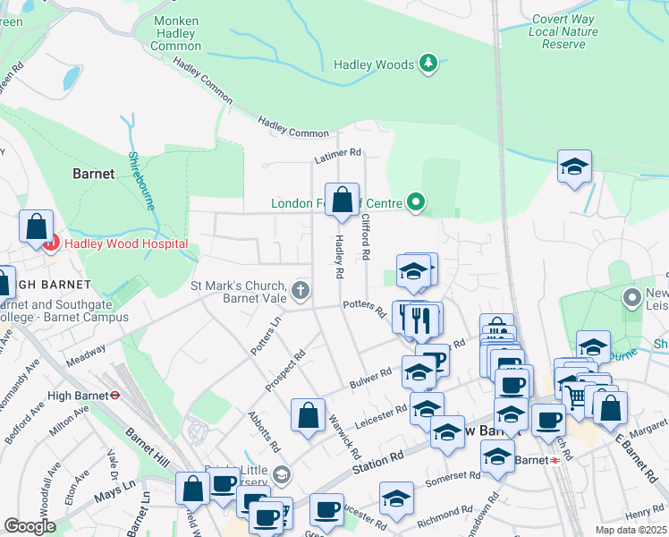 map of restaurants, bars, coffee shops, grocery stores, and more near 81 Hadley Road in Greater London