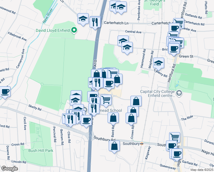 map of restaurants, bars, coffee shops, grocery stores, and more near Crown Road in Greater London