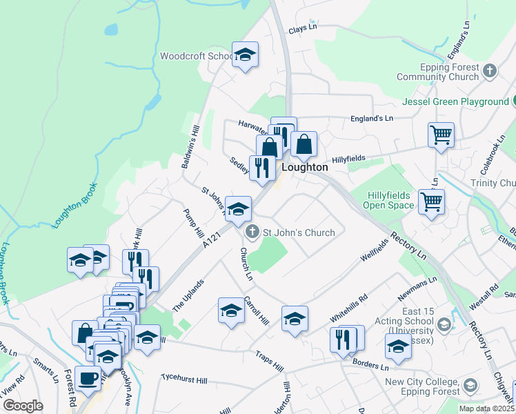 map of restaurants, bars, coffee shops, grocery stores, and more near in Loughton