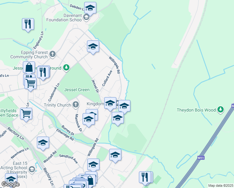 map of restaurants, bars, coffee shops, grocery stores, and more near 42 Audley Gardens in Essex