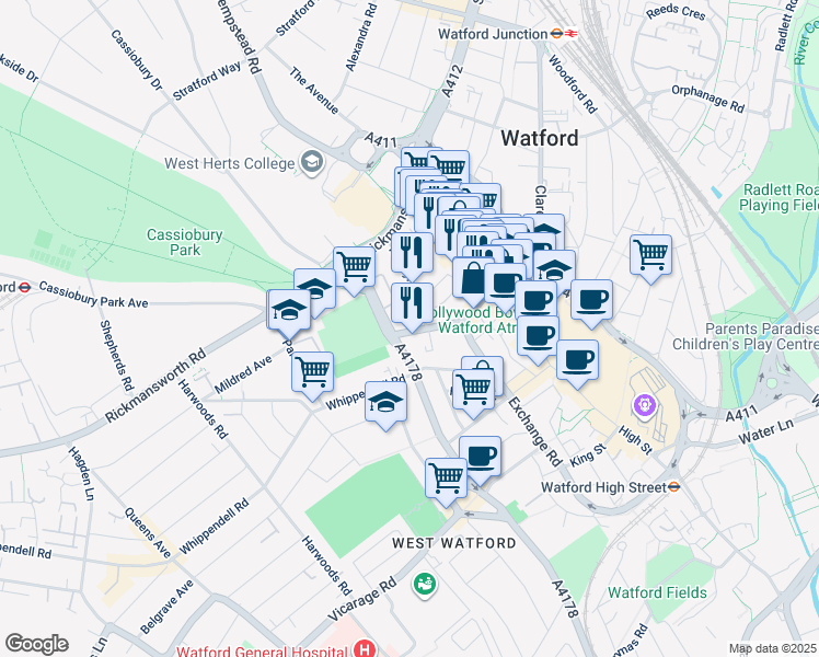 map of restaurants, bars, coffee shops, grocery stores, and more near 28 Upton Road in Hertfordshire