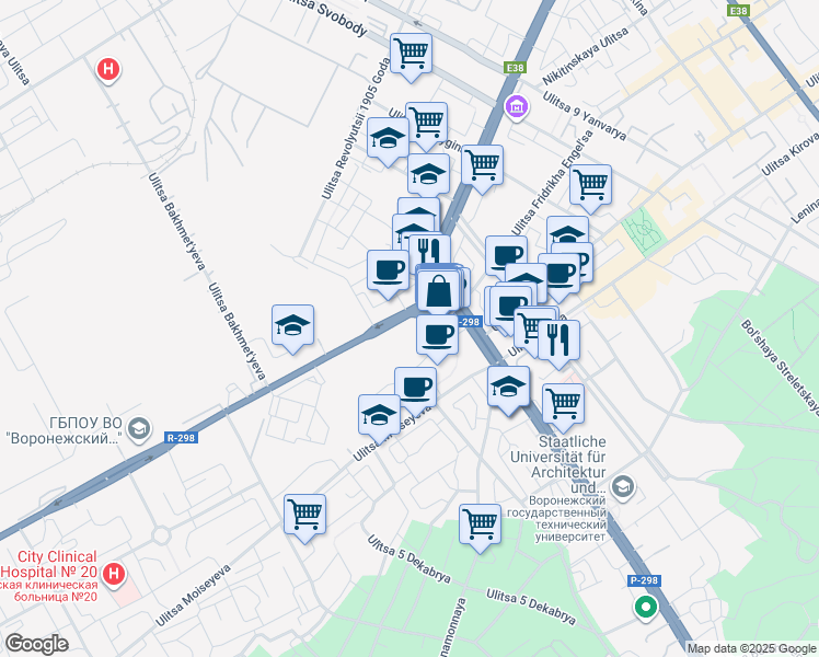 map of restaurants, bars, coffee shops, grocery stores, and more near in Voronezh
