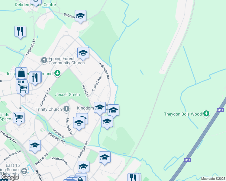 map of restaurants, bars, coffee shops, grocery stores, and more near 187 Willingale Road in Essex