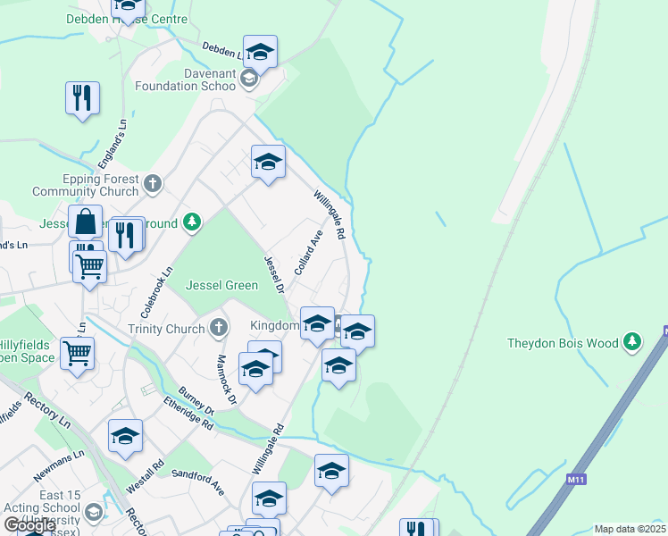 map of restaurants, bars, coffee shops, grocery stores, and more near 42 Audley Gardens in Essex