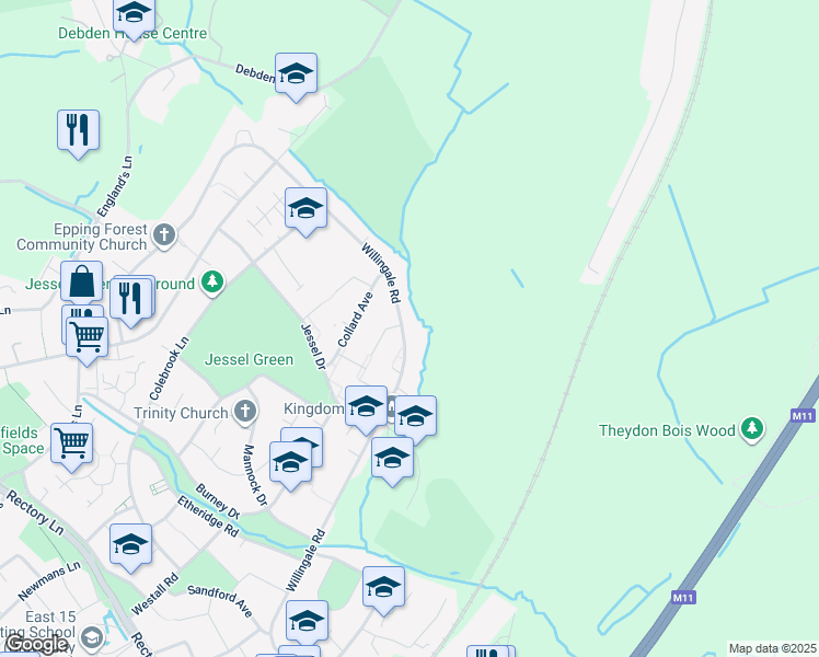 map of restaurants, bars, coffee shops, grocery stores, and more near 187 Willingale Road in Essex