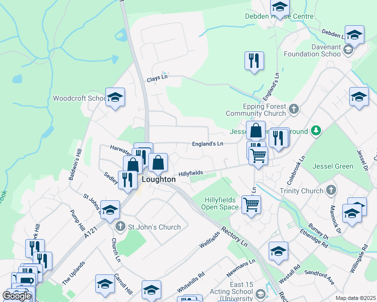 map of restaurants, bars, coffee shops, grocery stores, and more near in Essex