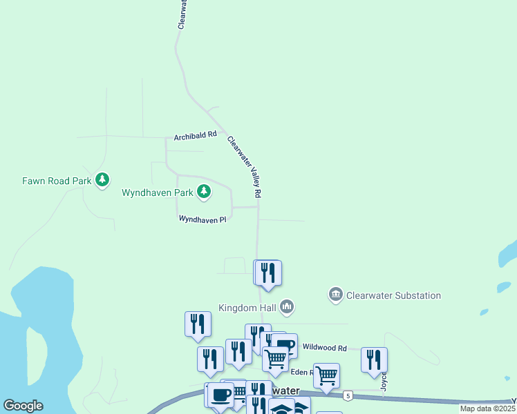 map of restaurants, bars, coffee shops, grocery stores, and more near Clearwater Valley Road in Clearwater