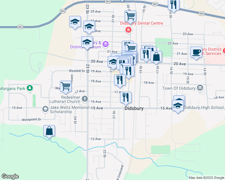 map of restaurants, bars, coffee shops, grocery stores, and more near 2038 17 Avenue in Didsbury