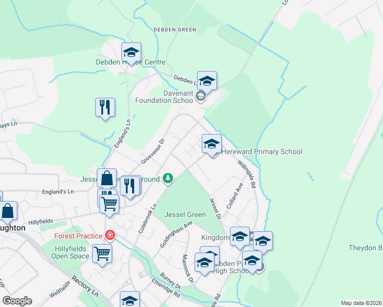 map of restaurants, bars, coffee shops, grocery stores, and more near 11 Hereward Green in Essex