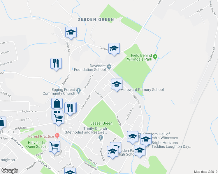 map of restaurants, bars, coffee shops, grocery stores, and more near 11 Hereward Green in Essex