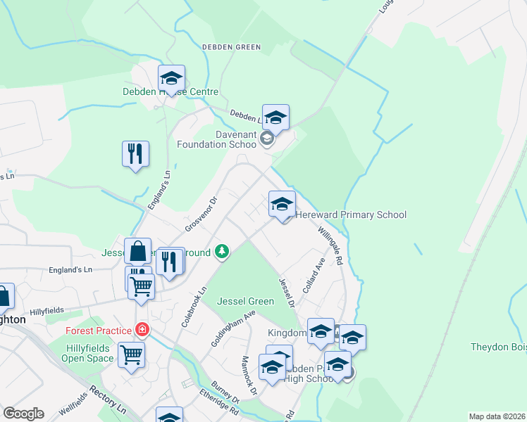map of restaurants, bars, coffee shops, grocery stores, and more near 11 Hereward Green in Essex
