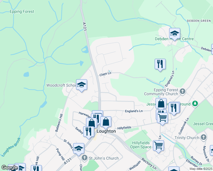 map of restaurants, bars, coffee shops, grocery stores, and more near 24 Goldings Rise in Essex