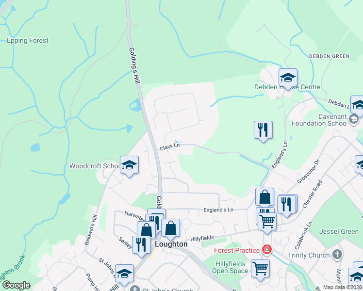 map of restaurants, bars, coffee shops, grocery stores, and more near 20 Clays Lane in Essex