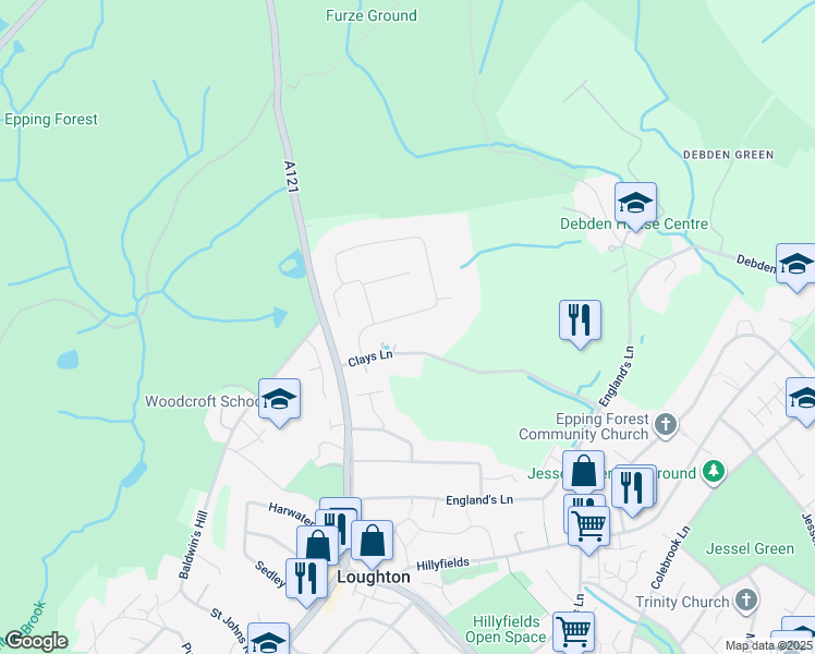 map of restaurants, bars, coffee shops, grocery stores, and more near 20 Clays Lane in Essex