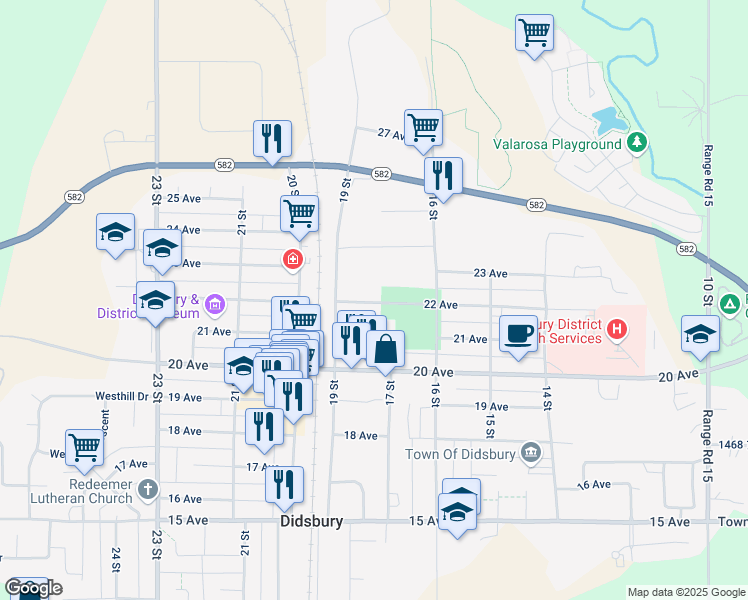 map of restaurants, bars, coffee shops, grocery stores, and more near 1706 22 Avenue in Didsbury