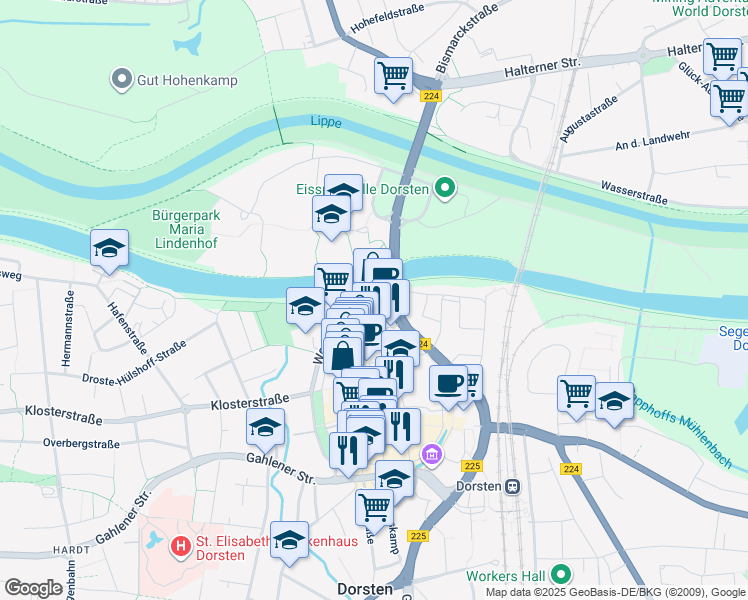 map of restaurants, bars, coffee shops, grocery stores, and more near 61 Westwall in Dorsten