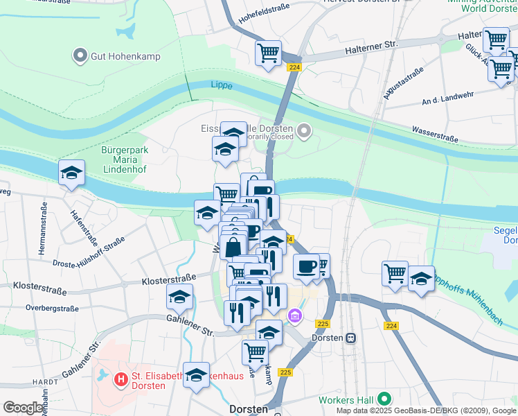 map of restaurants, bars, coffee shops, grocery stores, and more near 61 Westwall in Dorsten