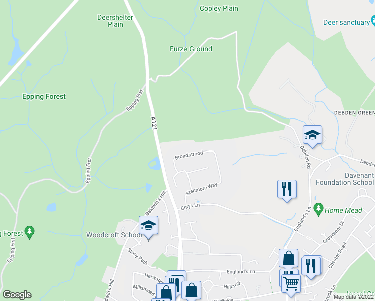 map of restaurants, bars, coffee shops, grocery stores, and more near 25 Broadstrood in Essex