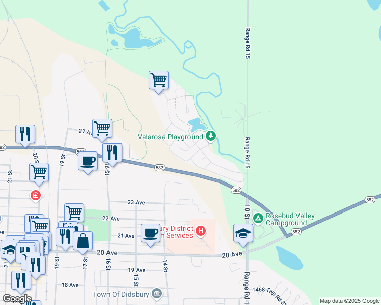 map of restaurants, bars, coffee shops, grocery stores, and more near 213 200 Valarosa Place in Didsbury