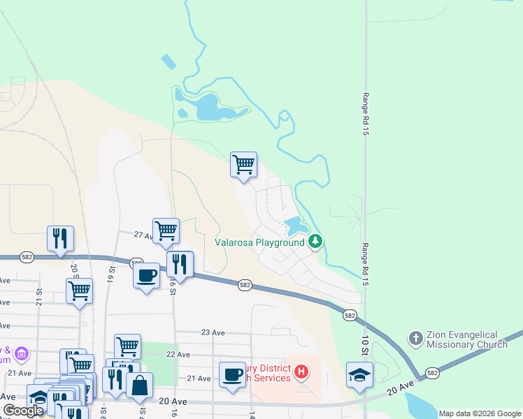 map of restaurants, bars, coffee shops, grocery stores, and more near 103 Valarosa Drive in Didsbury