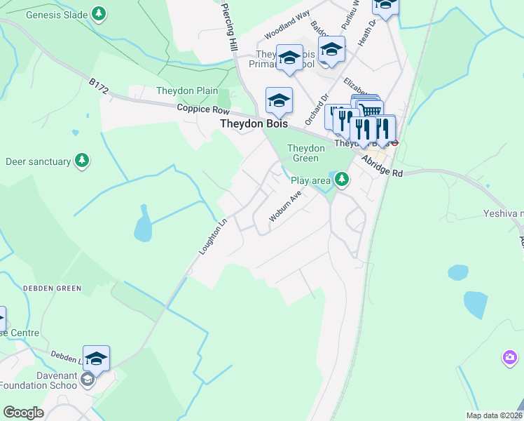 map of restaurants, bars, coffee shops, grocery stores, and more near 16 Hornbeam Road in Theydon Bois