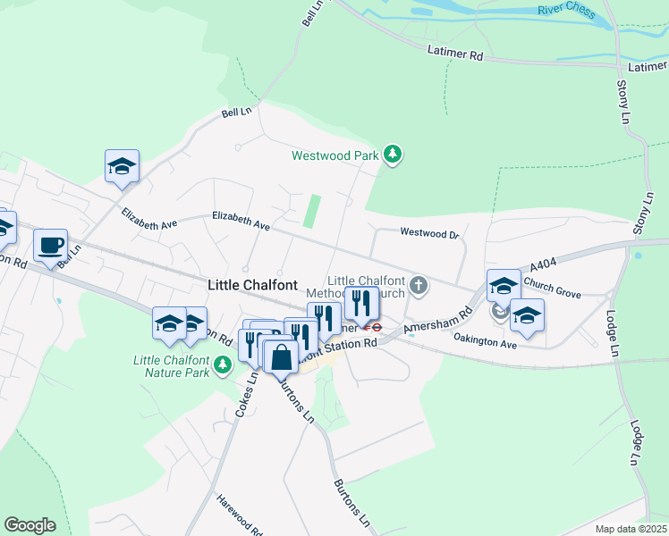 map of restaurants, bars, coffee shops, grocery stores, and more near Chenies Avenue in Little Chalfont