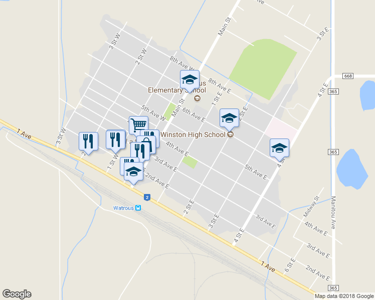 map of restaurants, bars, coffee shops, grocery stores, and more near 404 1 Street East in Watrous