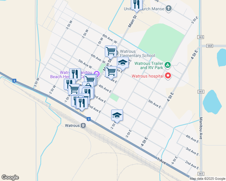 map of restaurants, bars, coffee shops, grocery stores, and more near 404 1 Street East in Watrous