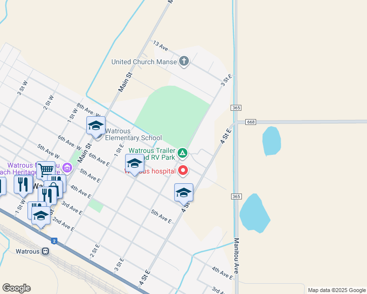map of restaurants, bars, coffee shops, grocery stores, and more near 806 3 Street East in Watrous