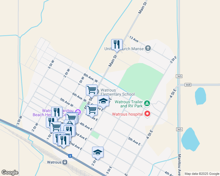 map of restaurants, bars, coffee shops, grocery stores, and more near 108 8th Avenue East in Watrous