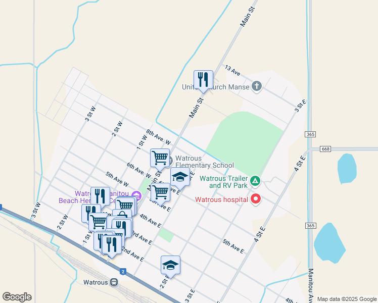 map of restaurants, bars, coffee shops, grocery stores, and more near 108 8th Avenue East in Watrous