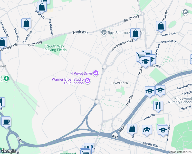 map of restaurants, bars, coffee shops, grocery stores, and more near Studio Tour Drive in Hertfordshire