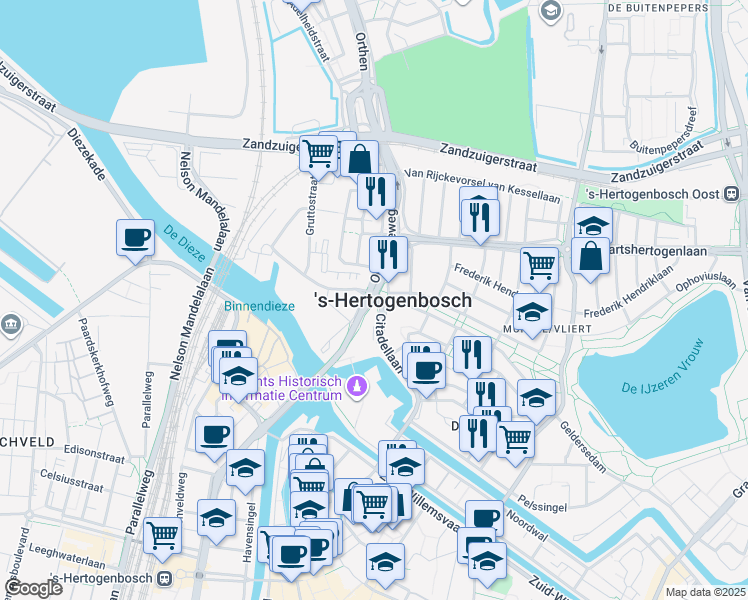 map of restaurants, bars, coffee shops, grocery stores, and more near in 's-Hertogenbosch
