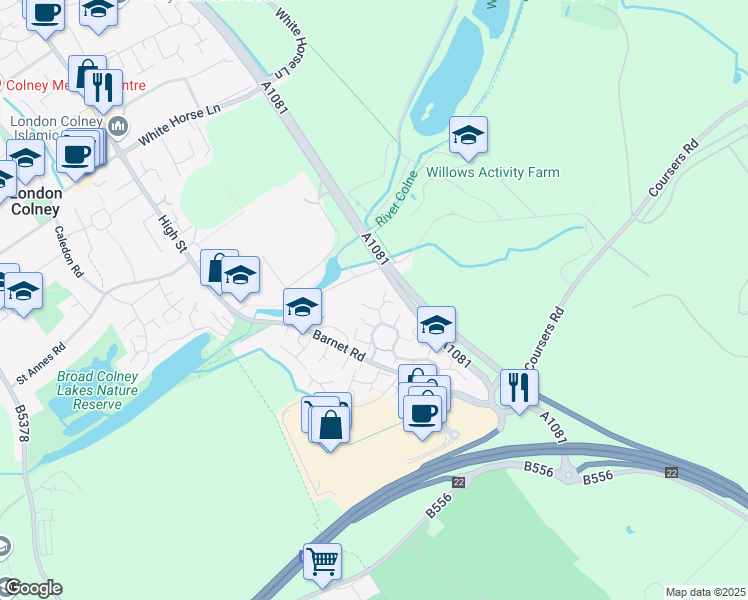 map of restaurants, bars, coffee shops, grocery stores, and more near 10 Ribbledale in London Colney