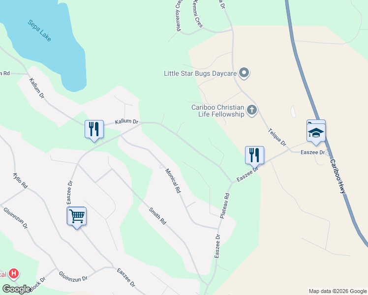 map of restaurants, bars, coffee shops, grocery stores, and more near 6050 Easzee Drive in 108 Mile Ranch
