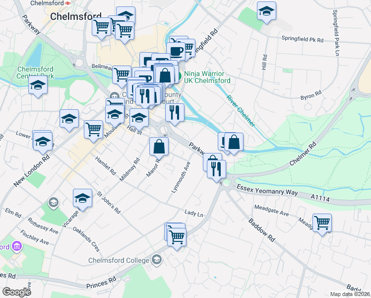 map of restaurants, bars, coffee shops, grocery stores, and more near 5 Lynmouth Gardens in Essex