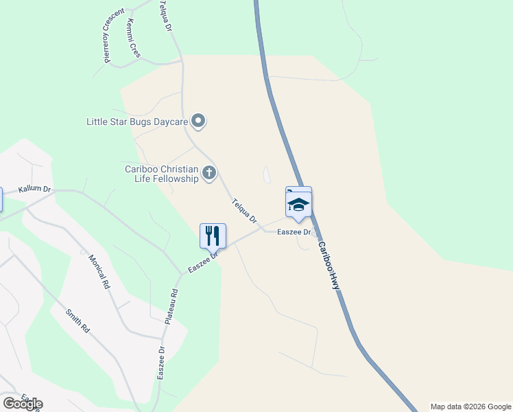 map of restaurants, bars, coffee shops, grocery stores, and more near 4953 Telqua Drive in 100 Mile House