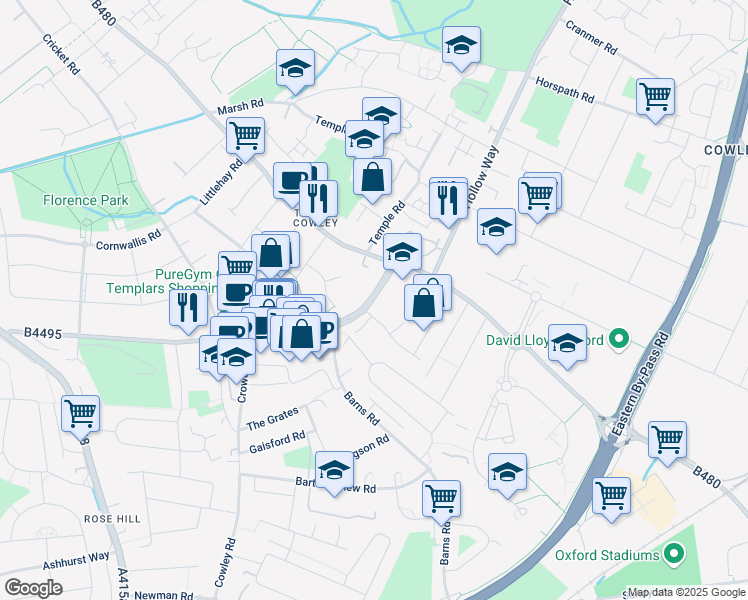 map of restaurants, bars, coffee shops, grocery stores, and more near 13 Between Towns Road in Oxfordshire