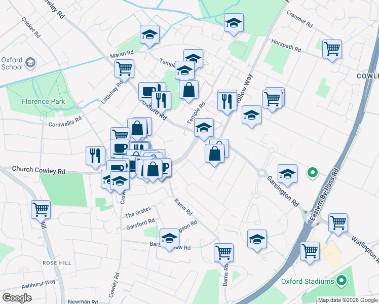 map of restaurants, bars, coffee shops, grocery stores, and more near 13 Between Towns Road in Oxfordshire