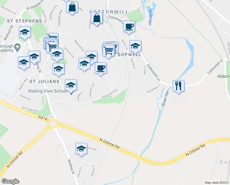 map of restaurants, bars, coffee shops, grocery stores, and more near 141 Holyrood Crescent in Hertfordshire