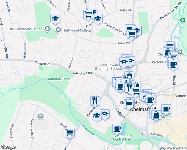 map of restaurants, bars, coffee shops, grocery stores, and more near 81 Rainsford Road in Essex