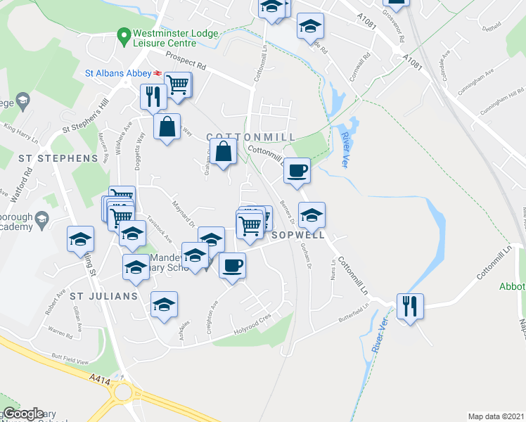 map of restaurants, bars, coffee shops, grocery stores, and more near 8 Wallingford Walk in Hertfordshire