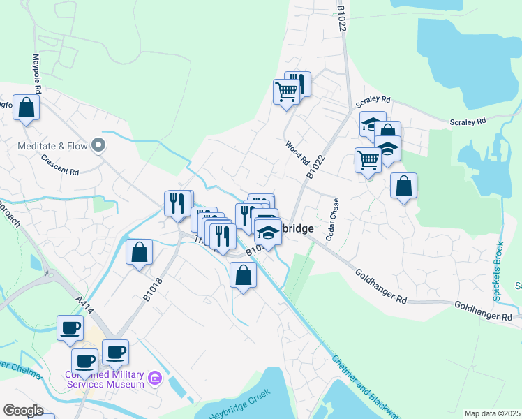 map of restaurants, bars, coffee shops, grocery stores, and more near in Heybridge