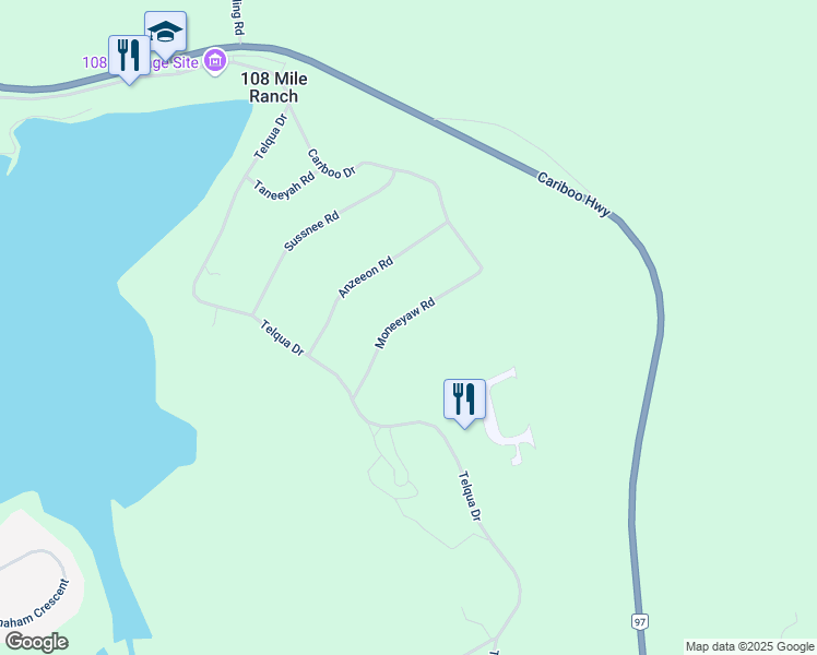 map of restaurants, bars, coffee shops, grocery stores, and more near 4759 Moneeyaw Road in 108 Mile Ranch