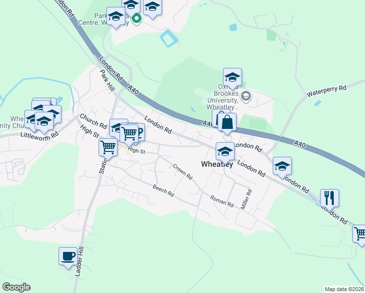 map of restaurants, bars, coffee shops, grocery stores, and more near 114 National Cycle Route 57 in Wheatley